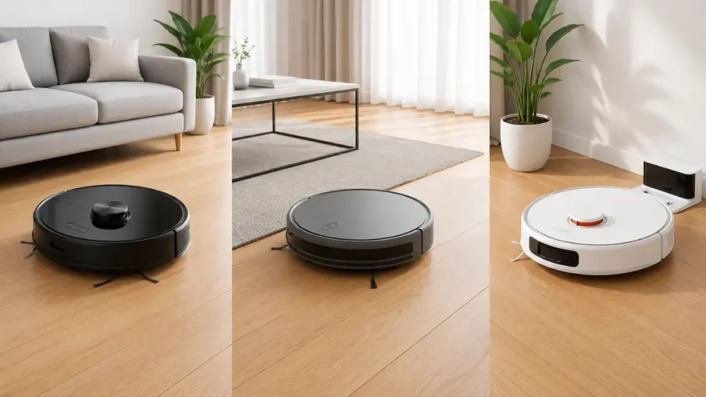 Comparativo de robôs aspiradores Liectroux XR500 Pro, Robotw 1000 e Xiaomi S40 alinhados lado a lado em uma sala de estar com piso de madeira.